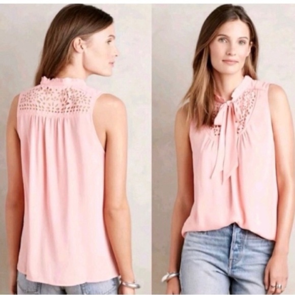 Maeve Anthropologie Luca Tie Neck Blouse Navy Eyelet Design SZ 4 - Picture 1 of 7